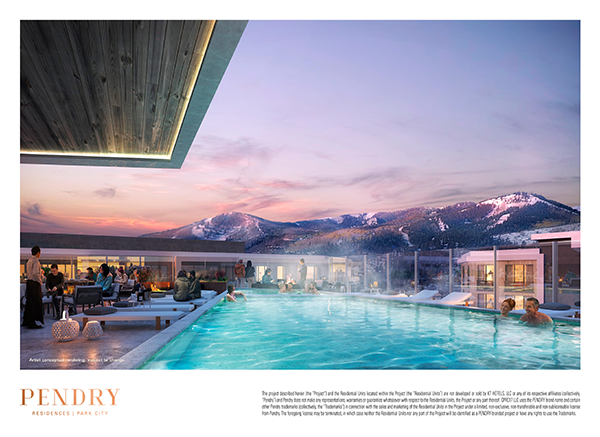 artistic rendering of large outdoor pool with a mountain view.